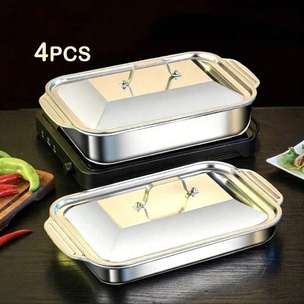  ZTVZTV 4-Piece (2 Stainless Steel Deep Pans And 2 Lids With Handles) Heavy-Duty Stainless Steel Rectangular Fish Baking Tray With Lid,430 Stainless Steel, Large Capacity Multi-Purpose Heating Tray, Suitable For Barbecue, Buffet And Home Cooking, Suitable For Dessert, Bread, Seafood, Suitable For Barbecue, Buffet And Home Cooking, A Must-Have For Holiday Cooking