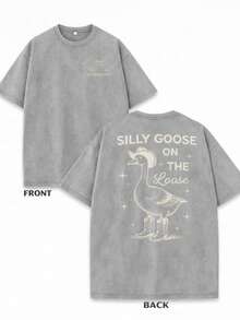 Plus Size Screen Printed Soft Cotton T-Shirt Silly Goose Western Vintage Style Casual Daily Wear Relaxed Fit - Xám - Xem 1
