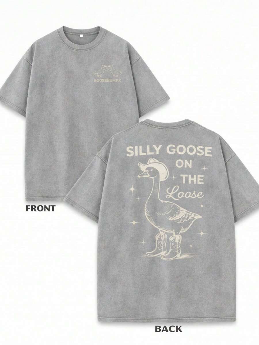 Plus Size Screen Printed Soft Cotton T-Shirt Silly Goose Western Vintage Style Casual Daily Wear Relaxed Fit - Xám - Xem 1