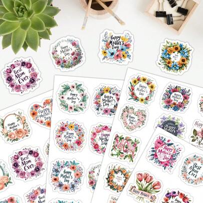 4 tờ/50 miếng dán hoa trang nhã dành cho Ngày của Mẹ, nhãn dán chúc mừng Ngày của Mẹ dùng để gói quà, dán phong bì, dán thiệp, chai nước và nhiều hơn nữa, trang trí quà tặng Ngày của Mẹ.