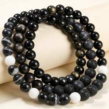 黑色天然石圆珠手链，波西米亚风，灵气疗愈弹力饰品，日常佩戴，热门款 - 黑色 - 查看 2