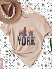 Women's T-Shirts, Crew Neck Short-Sleeve T-Shirts, Printed T-Shirts, Women's Solid Color Casual Tops, Suitable For Daily Wear.T-Shirts With Architectural And Letter Patterns, Women's Patterned T-Shirt Tops - Mặc định 2 - Xem 1