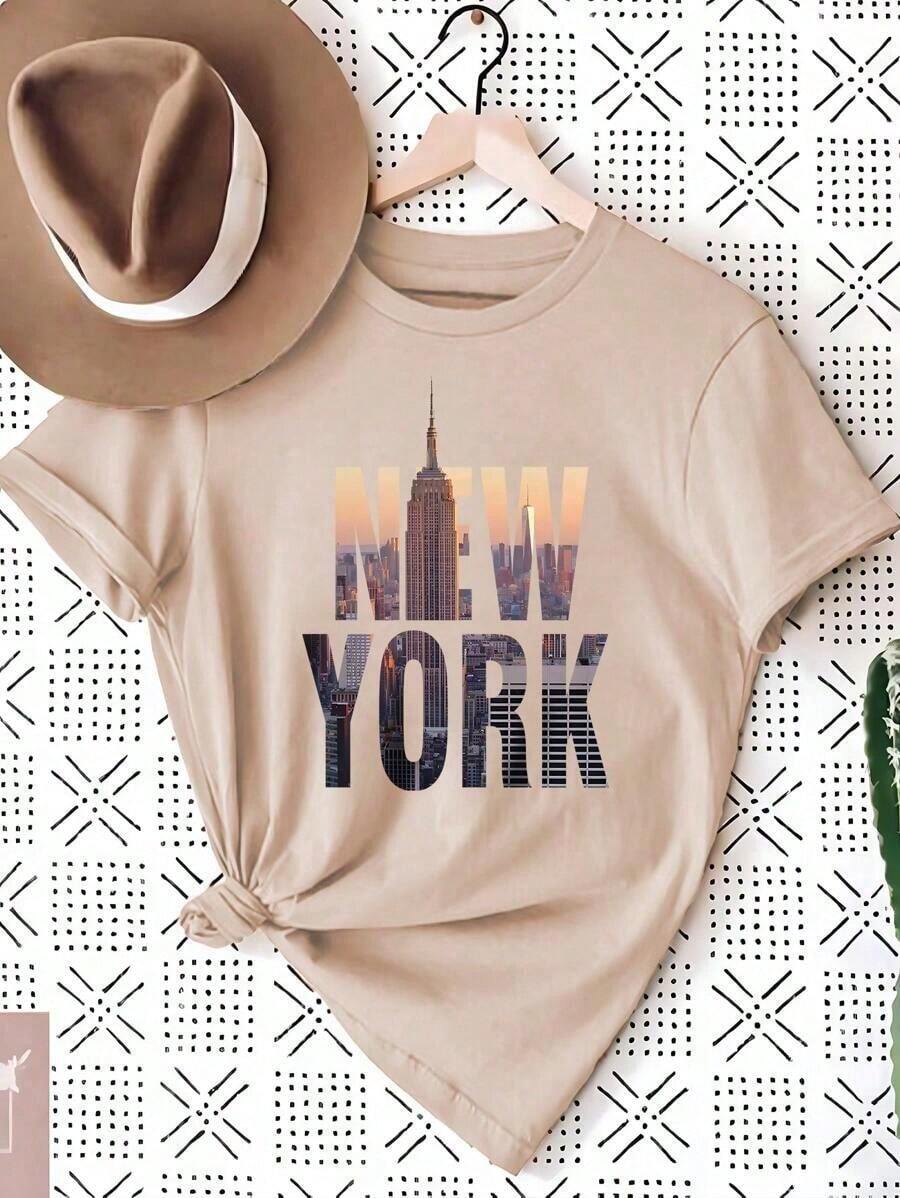 Women's T-Shirts, Crew Neck Short-Sleeve T-Shirts, Printed T-Shirts, Women's Solid Color Casual Tops, Suitable For Daily Wear.T-Shirts With Architectural And Letter Patterns, Women's Patterned T-Shirt Tops - Mặc định 2 - Xem 1
