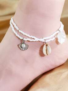 1条波西米亚风心形仿珍珠脚链，女士时尚贝壳串珠脚链，沙滩度假脚链 - 彩色 - 查看 7
