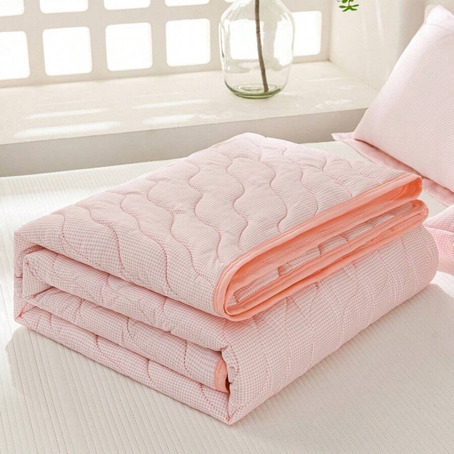 1 chiếc chăn mùa hè kẻ caro xanh sang trọng - Chất liệu pha polyester mềm mại, có thể giặt máy, kiểu dáng hiện đại, lý tưởng cho trang trí phòng ngủ, vật dụng thiết yếu cho phòng ngủ | Thiết kế chăn hiện đại | Sợi polyester, thoải mái mùa hè - Hồng - Xem 1