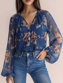 Elegaris Women's Summer New Arrival Multicolor Chiffon Floral Print V-Neck Long Sleeve Retro Elegant Versatile Cardigan Top Vacation Spring Casual - Blue - View 4
