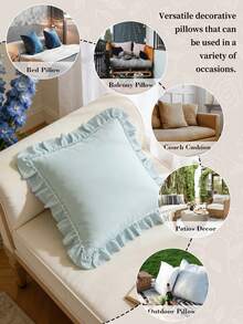 1pc Honeymoon Series Ruffled Quilted Throw Pillow Cover - Made Of Polyester Velvet Fabric, Romantic French Style Ruffled Pillow Sham (Pillow Insert Not Included), Envelope Closure, Wrinkle Resistant, Machine Washable, OEKO-TEX Certified, Ice Blue - Ice Blue - View 5