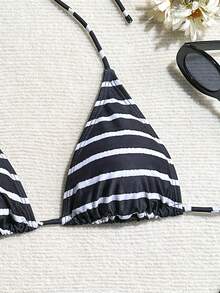 New Sexy Two-Piece Bikini Set, Backless With Ties, Suitable For Beach Vacations, Women's Swimwear - màu đen - Xem 7