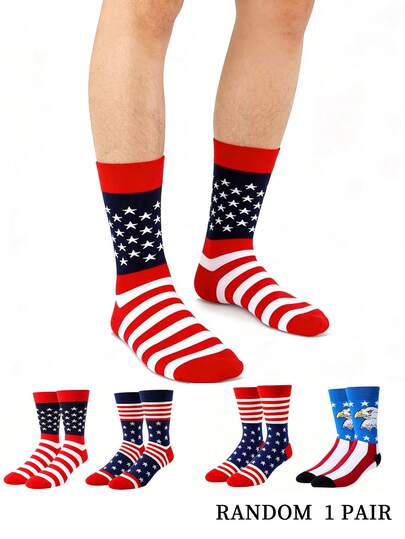 1双男女通用中筒袜，星条图案，美国国旗图案，撞色条纹中筒袜，适合所有季节
