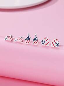 3 Pairs Kids' Fashionable Cartoon 4th Of July Zinc Alloy Rainbow, Unicorn, Heart Stud Earrings Set, Suitable For Daily And Holiday Wear - Multicolor - View 3