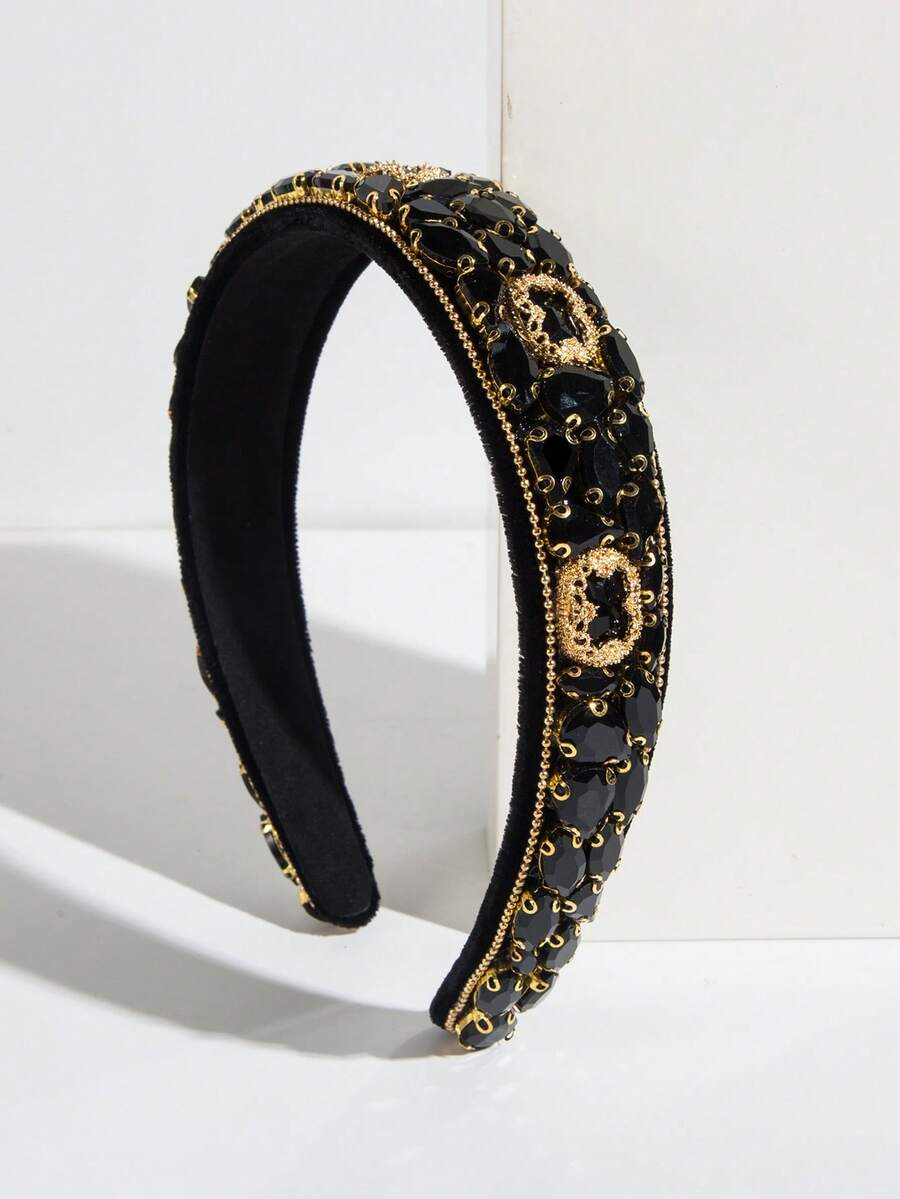 1 chiếc băng đô vải đen kiểu cổ điển, trang trí đá quý lấp lánh kiểu cung đình, phụ kiện đội đầu cao cấp sang trọng cho các sự kiện trang trọng, tiệc chiêu đãi và dạ hội. - màu đen - Xem 1