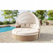 Garden Lounge Chair Set, Garden Island, Rattan Garden Table And Chairs Set, Shell-Shaped Garden Bed, Extendable Canopy, Lift-Top Table, Beige, Cushions And Seat Pads Included - C - View 7