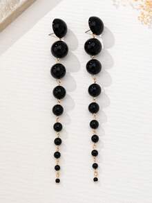 一对优雅长流苏仿珍珠女士耳坠，适合派对佩戴 - 黑色 - 查看 5