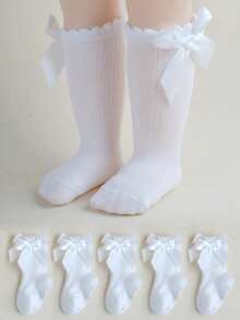 5 Pairs Kids Striped Knee High Socks, Infant Ruffle Cuff Long Socks, Baby Bow Socks, Children Hosiery - White - View 4