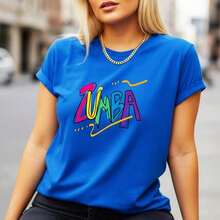 Tops For WomenWomen's Zumba Graphic Print Cotton T-Shirt, Short Sleeve Crewneck Casual Tee, Loose Fit Basic Top, S-5XL Sizes, Black Multicolor Letter Print, Soft Comfortable Cotton Material, Fashion Activewear For Daily WearLoose And Comfortablesummer Tops - 藍色 - 查看 1