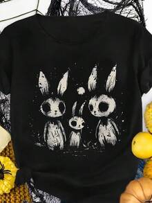 [Top con Estampado de Conejo para Mujer] Top Elástico de Manga Corta para Mujer - Estampado Multicolor de Familia de Conejos de Dibujos Animados - Negro - Ver 2