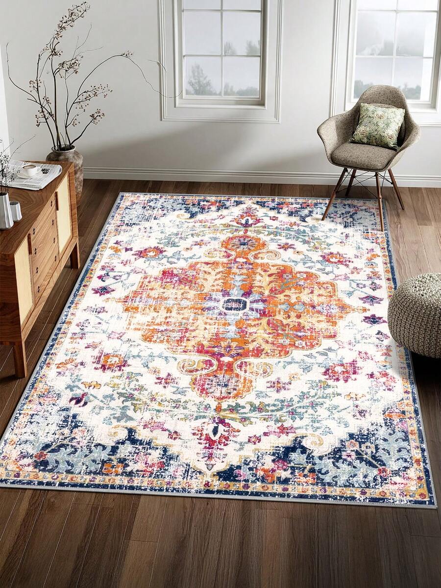 1pc Beige Area Rug, Bohemian Style, Washable Non-Slip Faux Wool, 1160g/㎡, Suitable For Living Room, Bedroom, Kitchen, Office, Entryway - Beige - View 1