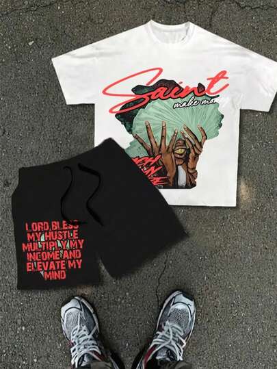 这款青少年百搭洛杉矶英文字母印花时尚圆领短袖短裤套装，是户外旅行的完美之选，也是青少年男孩服装的理想选择。