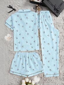 3件套女士休闲宽松蝴蝶结波点印花口袋前开襟纽扣短袖上衣和短裤/长裤睡衣套装，春夏款 - 淺藍色 - 查看 2