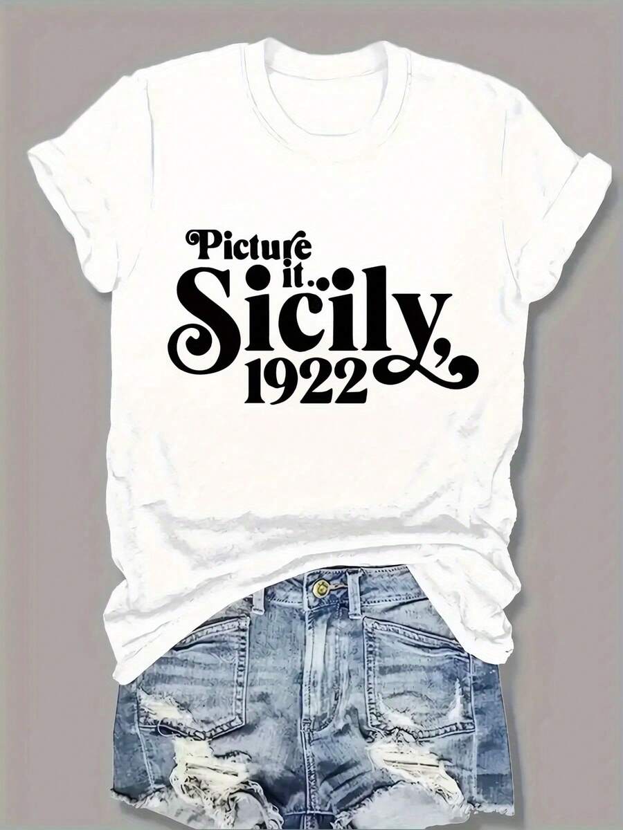 Letter Print T-Shirt, Short Sleeve Crew Neck Casual Top For Summer & Spring, Women's Clothing - 白色 - 查看 1