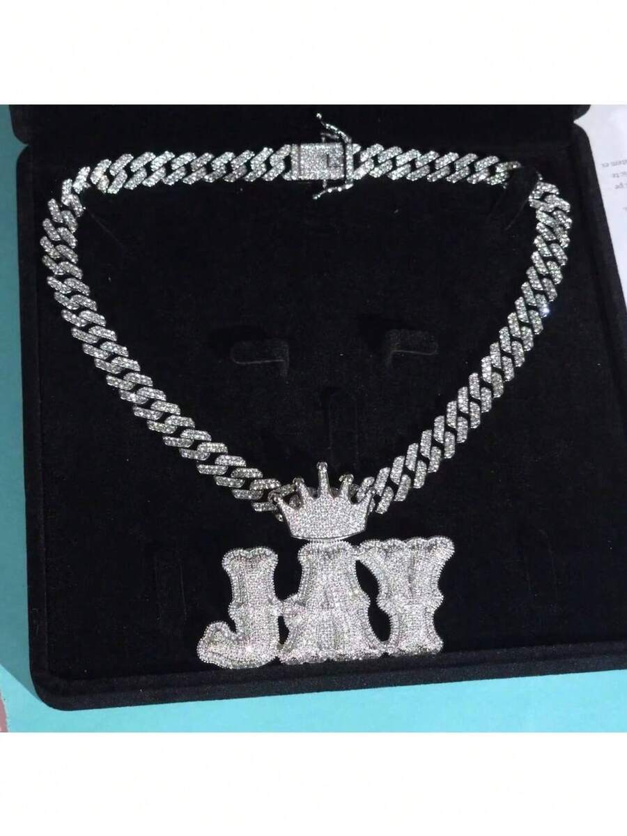 Mặt dây chuyền hình đầu lâu vương miện được thiết kế riêng, có thể khắc chữ, tên, số, đính đá Cubic Zirconia 5A, chất liệu đồng thau, trang sức phong cách Hip-Hop dành cho nam và nữ. - A - Xem 1