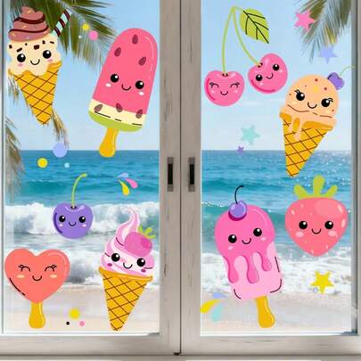 ملصقات نافذة آيس كريم فاكهة الصيف ملصقات آيس كريم الكرز الملونة للجدران والحمامات ذاتية اللصق، سهلة التركيب في ثلاث ثوان، موضوعات هاواي لديكور الجدران والحمامات
