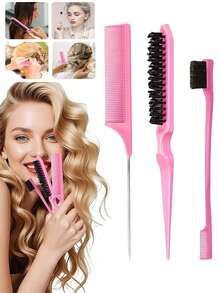 3pcs Smooth Hair Brush Set | Pointed Tail Brush, Boar Bristle Brush, Fine Mist Spray Bottle, Edge Brush, Volumizing Brush | Smooths Frizzy, Flyaway Hair | Pink/Black/Purple | Spring Gift, Graduation/School Gift | Salon, Beauty Parlor, Travel, Back To School, Vacation Essential - Hair Comb Set - View 3