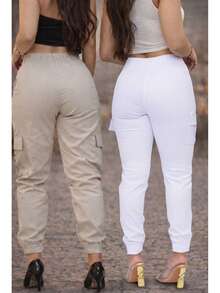 Stillger Moda Jeans Kit 2 Women's Cargo Jeans Jogger High Waist Butt Lifting Premium Pants With Lycra Side Pockets - Beige and White - View 3