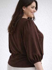 Women's Blouse With 3/4 Sleeves, Crepe Fabric, Duna Style, Elegant, Workwear, Plus Size (GG, G1, G2, G3), Evangelical Fashion - Brown - 鏽棕色 - 查看 3