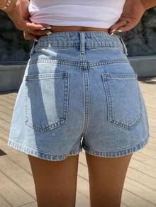 Women's High-Waisted Mom Denim Shorts With Distressed Details, 100% Cotton, Light Wash, Casual - 中等水洗藍 - 查看 2