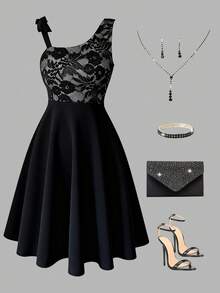 女士优雅中长连衣裙，性感蕾丝不对称露肩连衣裙，女士派对及日常穿着连衣裙，女士A字收腰连衣裙，情人节约会装扮 - 黑色 - 查看 1