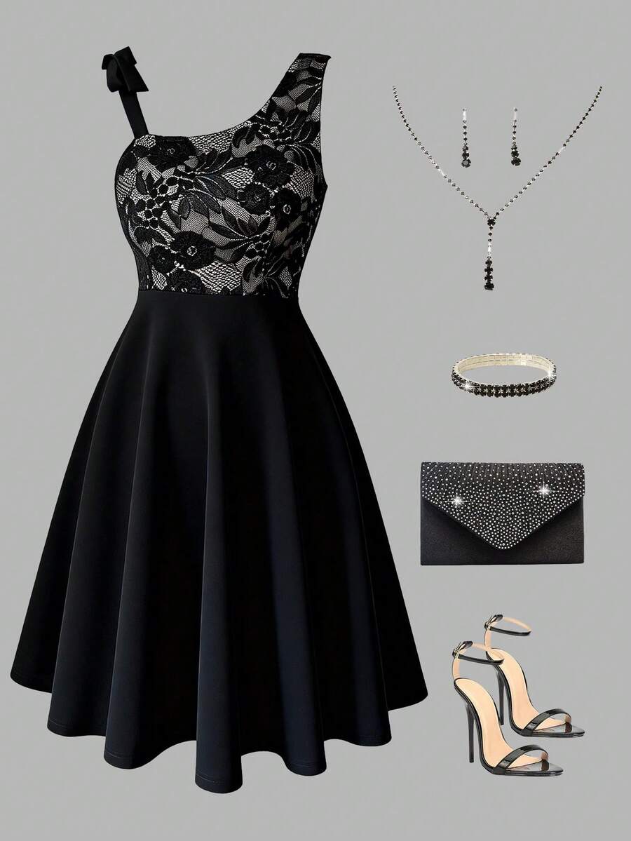 女士优雅中长连衣裙，性感蕾丝不对称露肩连衣裙，女士派对及日常穿着连衣裙，女士A字收腰连衣裙，情人节约会装扮 - 黑色 - 查看 1