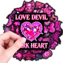 50 PCS Pink Gothic Heart Stickers, Devil Horns Skull & Thorn Design Vinyl Decals, Alternative Aesthetic Waterproof Stickers For Adults, Perfect For Laptops, Water Bottles, Skateboards, Journals, Phone Cases, Punk & Emo Style Decor Supplies, DIY Craft Accessories For Goth Fans - Multicolor - View 3