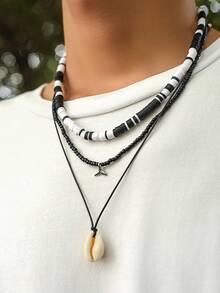 3pcs Fashionable Minimalist Shell Pendant Necklace Set, Black & White Ceramic, Suitable For Daily Wear & Vacation - Black and White - View 2