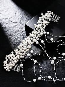 1pc Delicate White Faux Pearl Beaded Tassel Hair Chain Headpiece, Handmade Bridal Wedding Party Festival Spring Photoshoot Fairy Hair Accessory, Suitable For Dancing, Bride To Be, Hair Accessories For Women - White - View 4