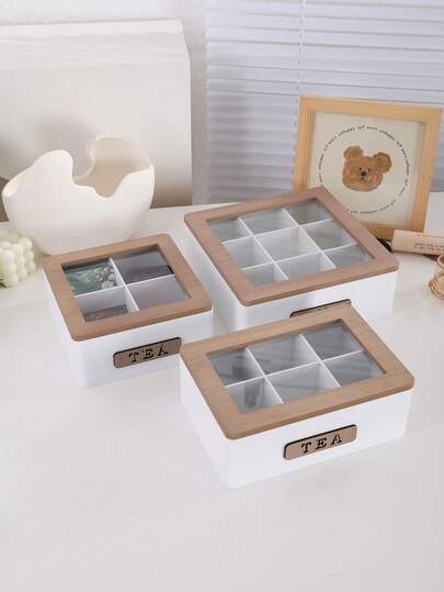 1pc Modern Minimalist Design White Elevated Wooden Tea Box, 4/6/9 Compartments Tea Bag Organizer, Coffee Bag Storage Box With Glass Display Window, Suitable For Tea Room, Coffee Shop, Pantry, Living Room, Dining Room