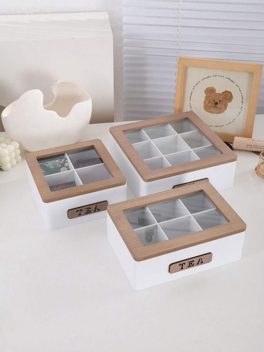 1pc Modern Minimalist Design White Elevated Wooden Tea Box, 4/6/9 Compartments Tea Bag Organizer, Coffee Bag Storage Box With Glass Display Window, Suitable For Tea Room, Coffee Shop, Pantry, Living Room, Dining Room - Multicolor - View 1