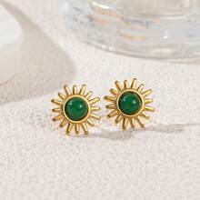 1 Pair 18K Gold Plated Stainless Steel Bohemian Sunflower & Tiger Eye Stone Earrings, Vintage High-End Fashion Earrings For Women - Gold - View 11