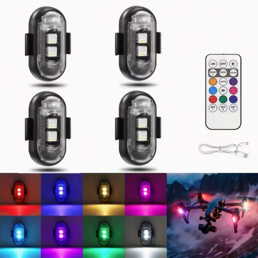 4pcs RGB LED Strobe Light For Aircraft With Remote Control, Poleless Design, 8 Color Lighting, USB Charging, IP65 Waterproof And Shockproof Emergency Warning Light: Suitable For Cars, Motorcycles, Drones, Airplanes Or Bicycles.