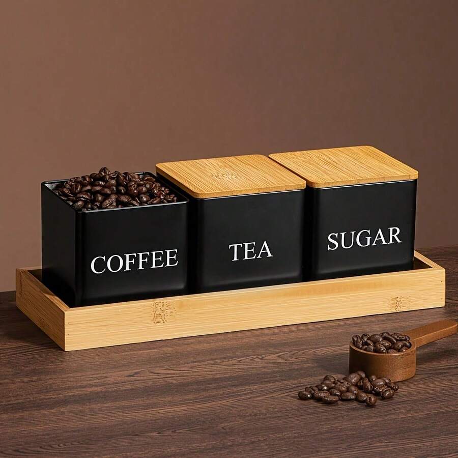 Bộ 3 hũ đựng bằng sắt đen trắng có nắp đậy, thích hợp để đựng hạt cà phê, đường, lá trà và các vật dụng nhà bếp khác.