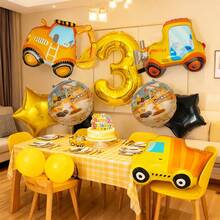 10pcs Construction Theme Aluminum Foil Balloon Set, Including Excavator, Forklift Balloons, Number Balloons, Star Balloons, Suitable For Birthday Party Decoration, Baby Shower Party - View 7