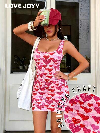 LOVE JOYY Women's Pink Heart Print Dress, Round Neck Spaghetti Strap Dress For Spring & Autumn