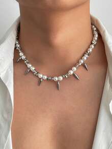 1pc Fashionable Punk Metal Rivet & Bead Necklace, Faux Pearl Choker, Casual Daily Wear For Men, Versatile Jewelry, Ideal Holiday Or Birthday Gift - Silver - View 3