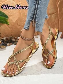 女士编织平底凉鞋拖鞋，黑色/棕色/白色，丁字裤，纯色，防滑，适合室内外穿着，时尚休闲日常，沙滩装，波西米亚风格交叉带平底凉鞋，舒适轻盈镂空露趾平底靴，高帮罗马凉鞋，金色/黑色平底凉鞋，沙滩鞋 - 金色 - 查看 5