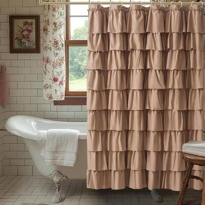 - Cortina de ducha con volantes marrones, diseo de granja de chocolate para nias, privacidad elegante y lindo volante de lujo, decoracin de bao bohemia, cortinas de bao, clsico gris