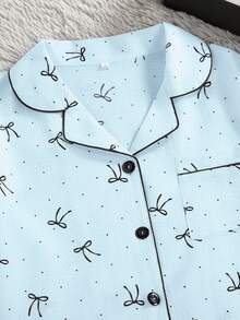 3件套女士休闲宽松蝴蝶结波点印花口袋前开襟纽扣短袖上衣和短裤/长裤睡衣套装，春夏款 - 淺藍色 - 查看 4