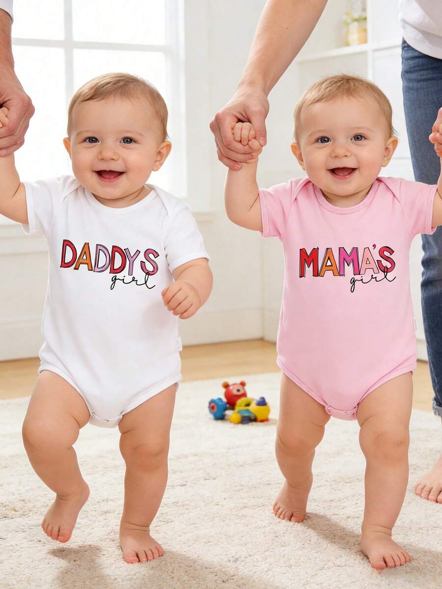 Baby Girl 2pcs/Set Letter Printed Short Sleeve Bodysuit - Multicolor - View 1