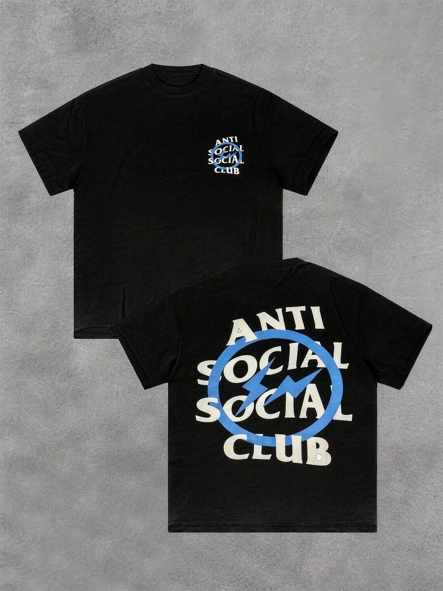 (Pure Cotton T-Shirt) Street Goods! Anti-Social Club! Repeat Letters+Lightning Printed T-Shirt, Y2K, Street Wear, Digital Printed T-Shirt Casual And Comfortable Cotton T-Shirt Men's Wear In Spring, Summer, Autumn And Winter. - Black - View 1