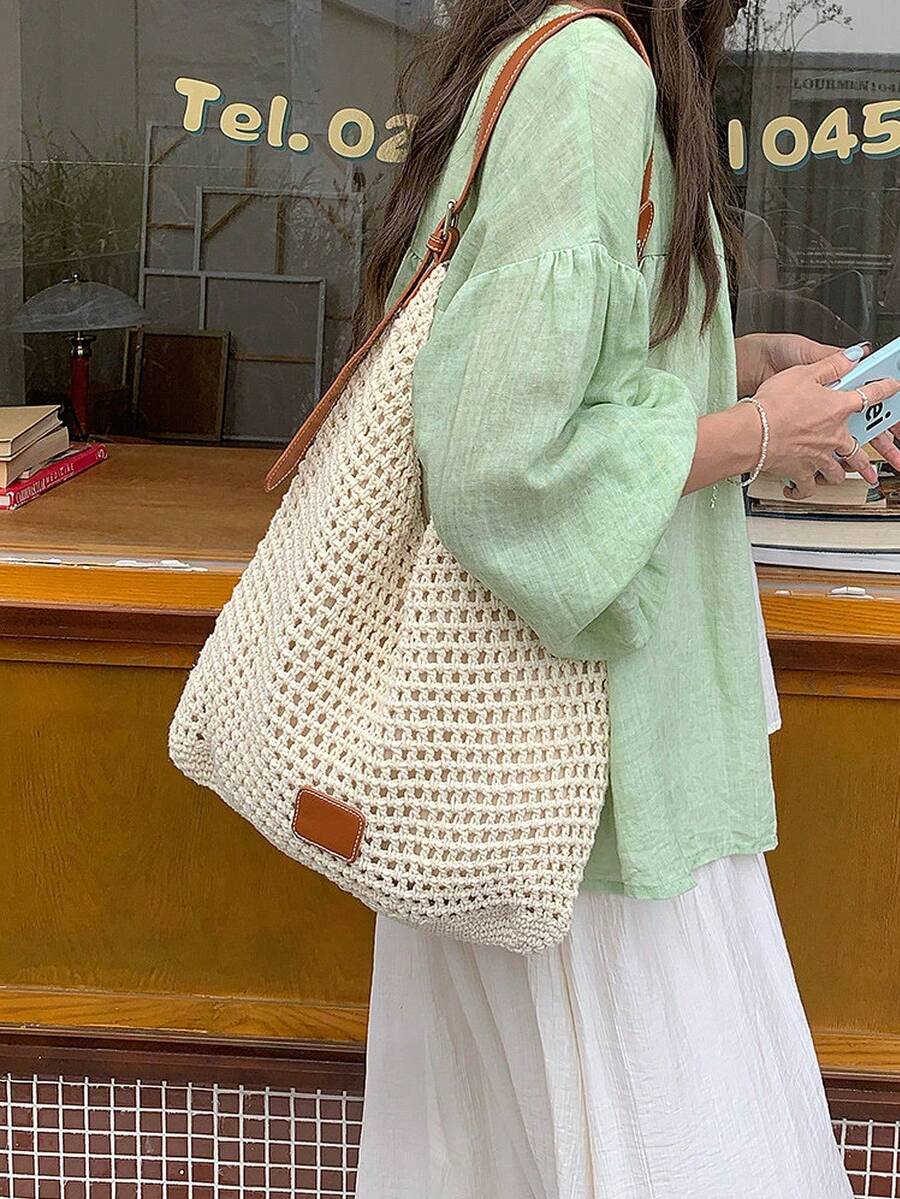 2025 New Hollow Out One Shoulder Woven Beach Bag, Large Capacity Commuter Tote Bag For Vacation - Beige - View 1
