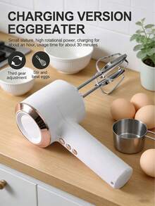 AOYI 3-Speed Electric Handheld Mixer With Dual Beaters, 800mAh Rechargeable Battery, Cordless Handheld Whisk, Suitable For Making Milkshakes, Cakes, Food, Beverages, Home Baking Tool, Suitable For Men, Women, Old And Young - White - View 2